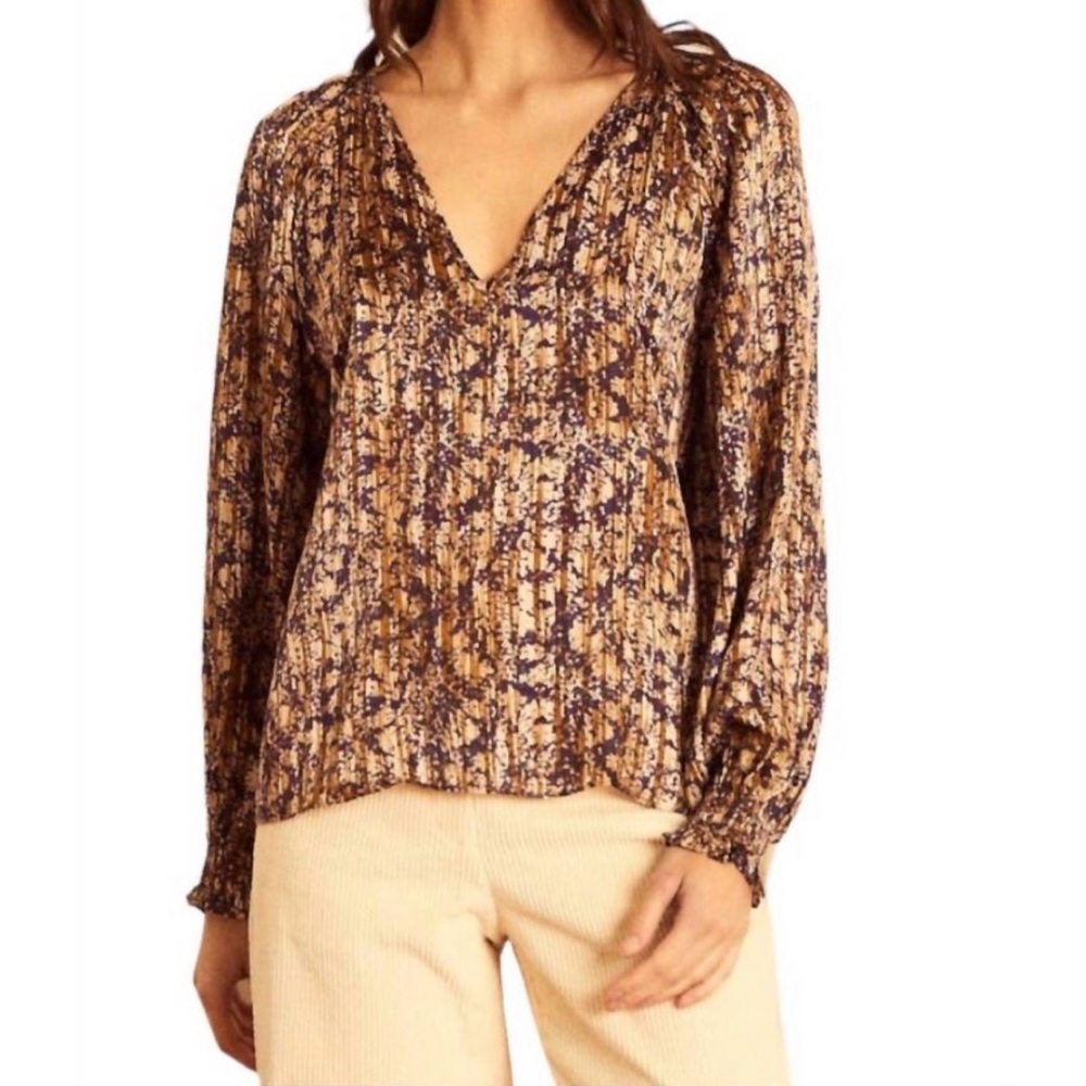 Caballero‎ Balloon Sleeve Tan Blue Cheetah Splatter Miki Top Size Medium